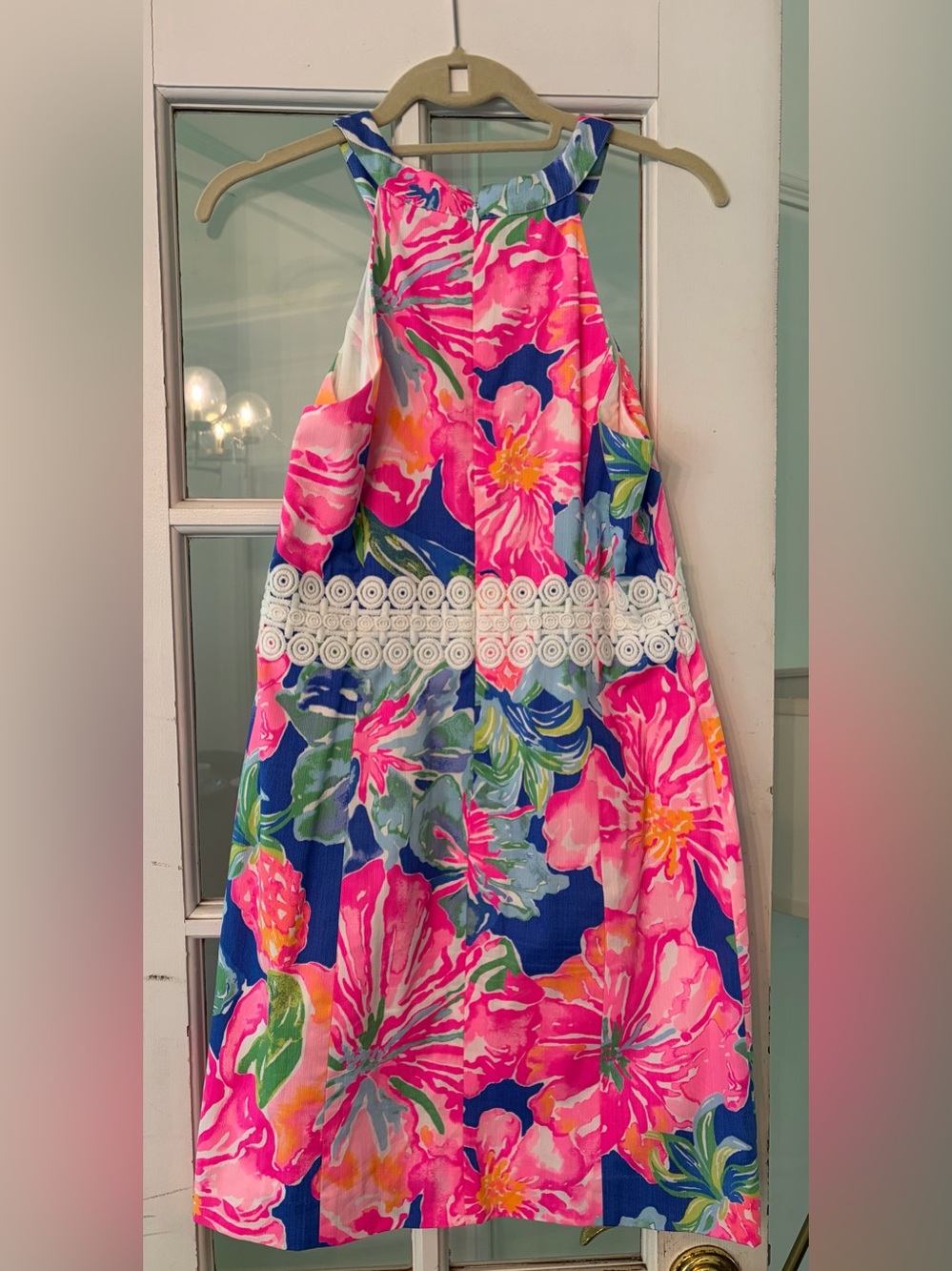 Lilly Pulitzer Pink & Blue Floral Halter Dress with White Lace